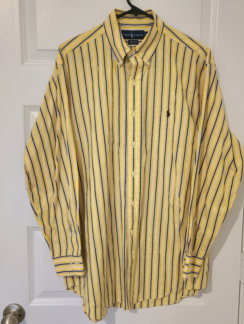 Ralph Lauren Mens Dress Shirt Yellow Blue Striped Button Down Collar 16- 32-33